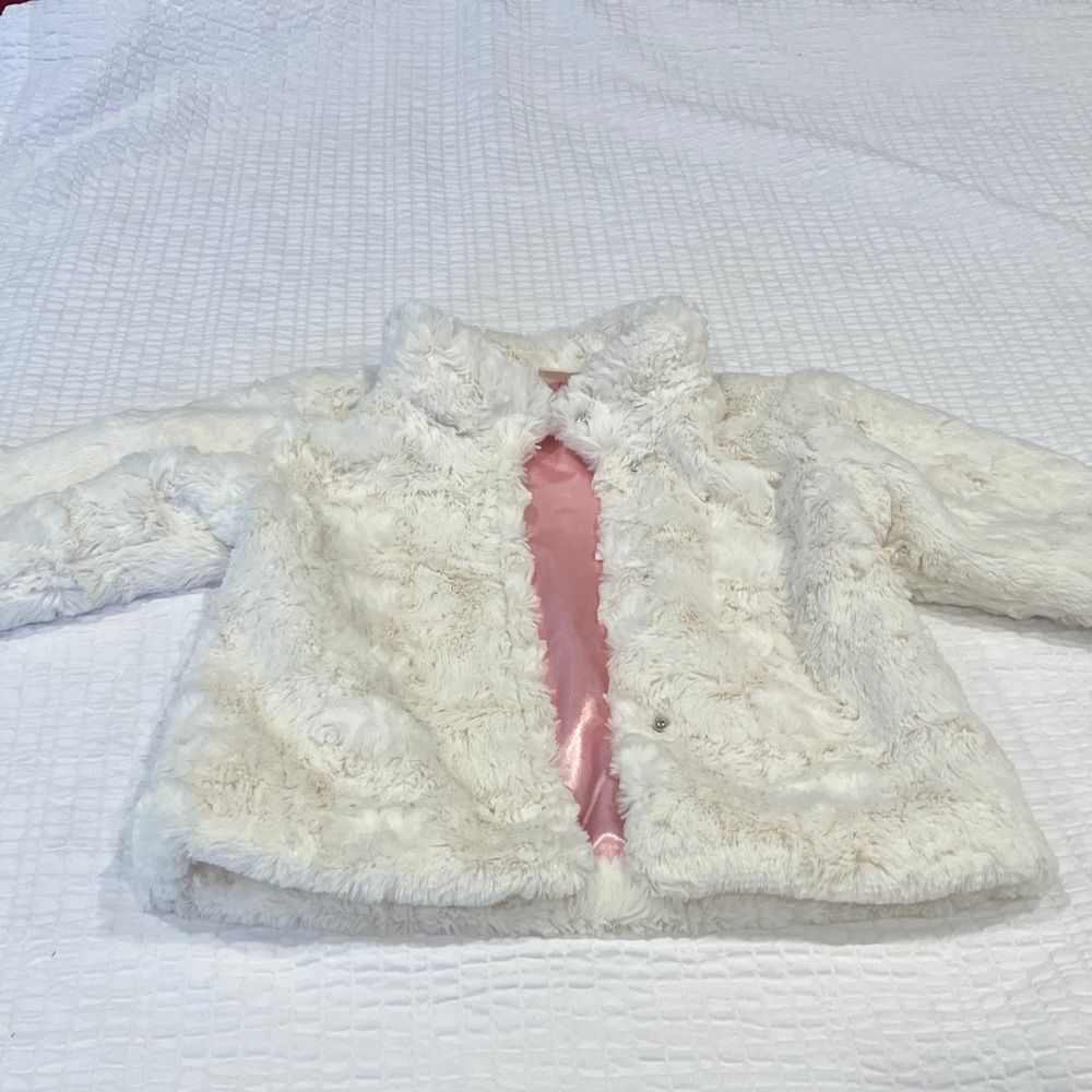 H & M Adorable White Faux Fur Kids Jacket with Pink Lining